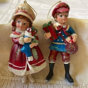 Hand crafted Victorian Christmas children Boy and Girl ornaments set